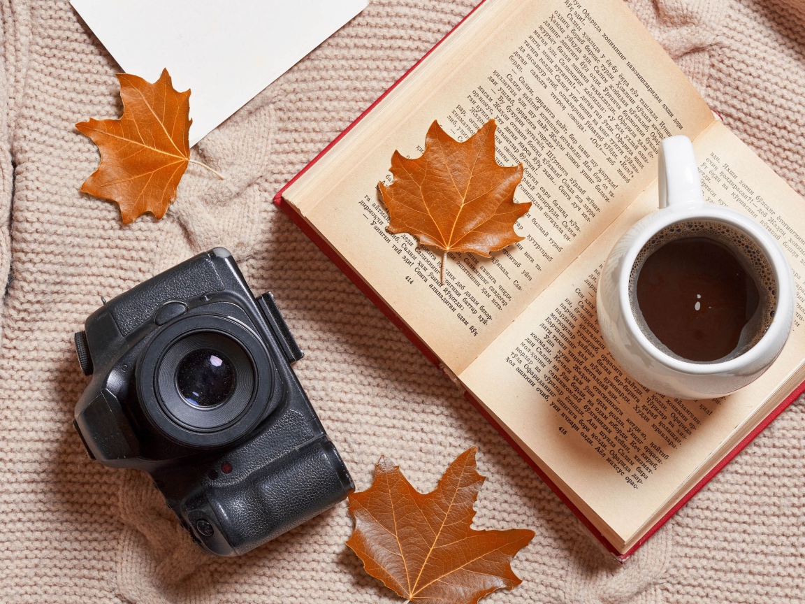 Книга с чашкой чая и фотоаппаратом на теплой кофте
