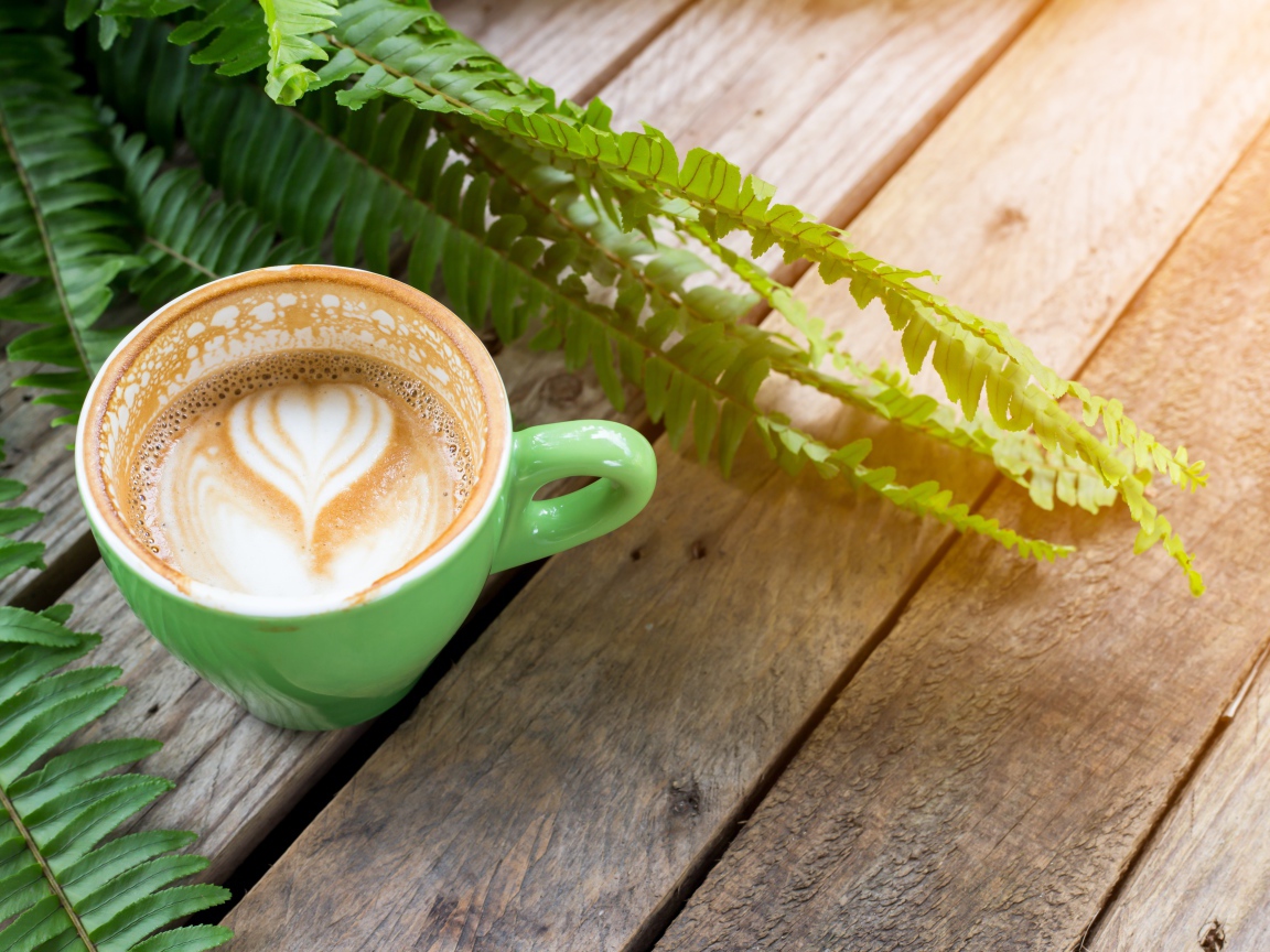 Чашка вкусного капучино  на столе с листьями папоротника