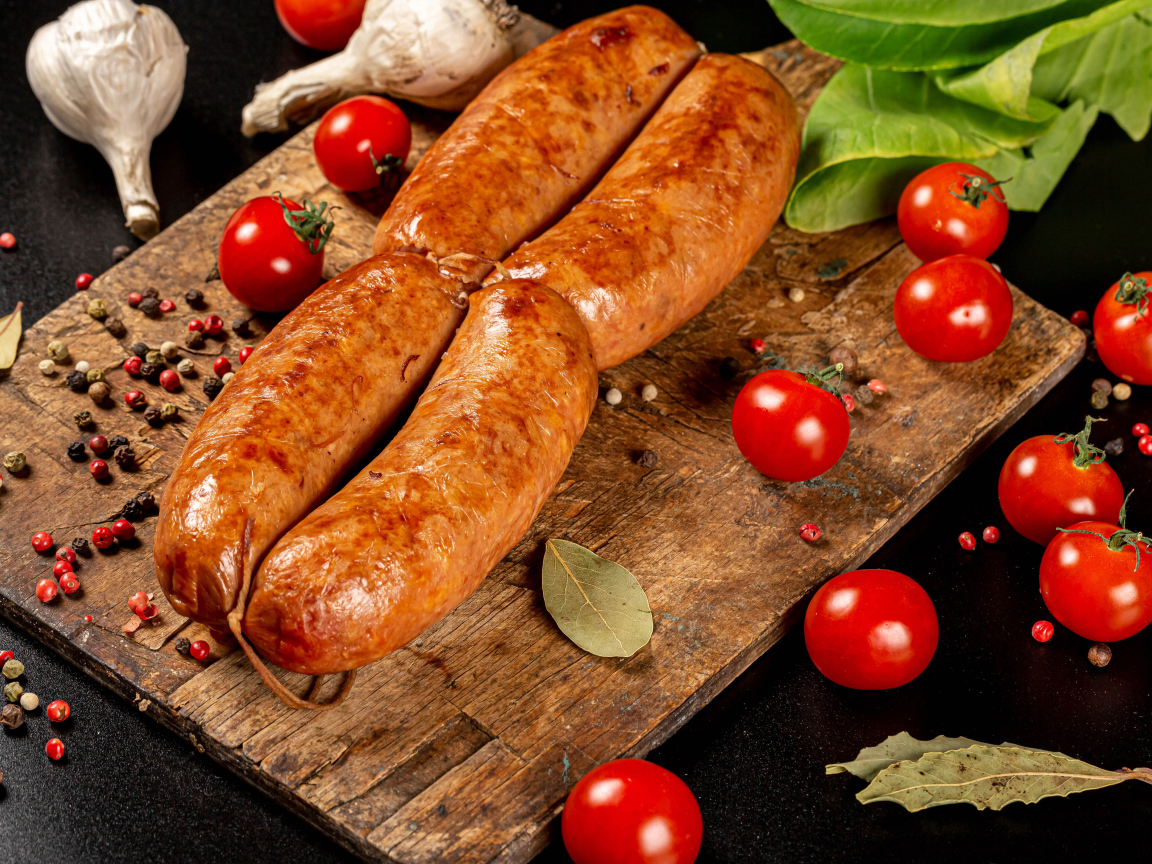 Мясные колбаски на доске с овощами