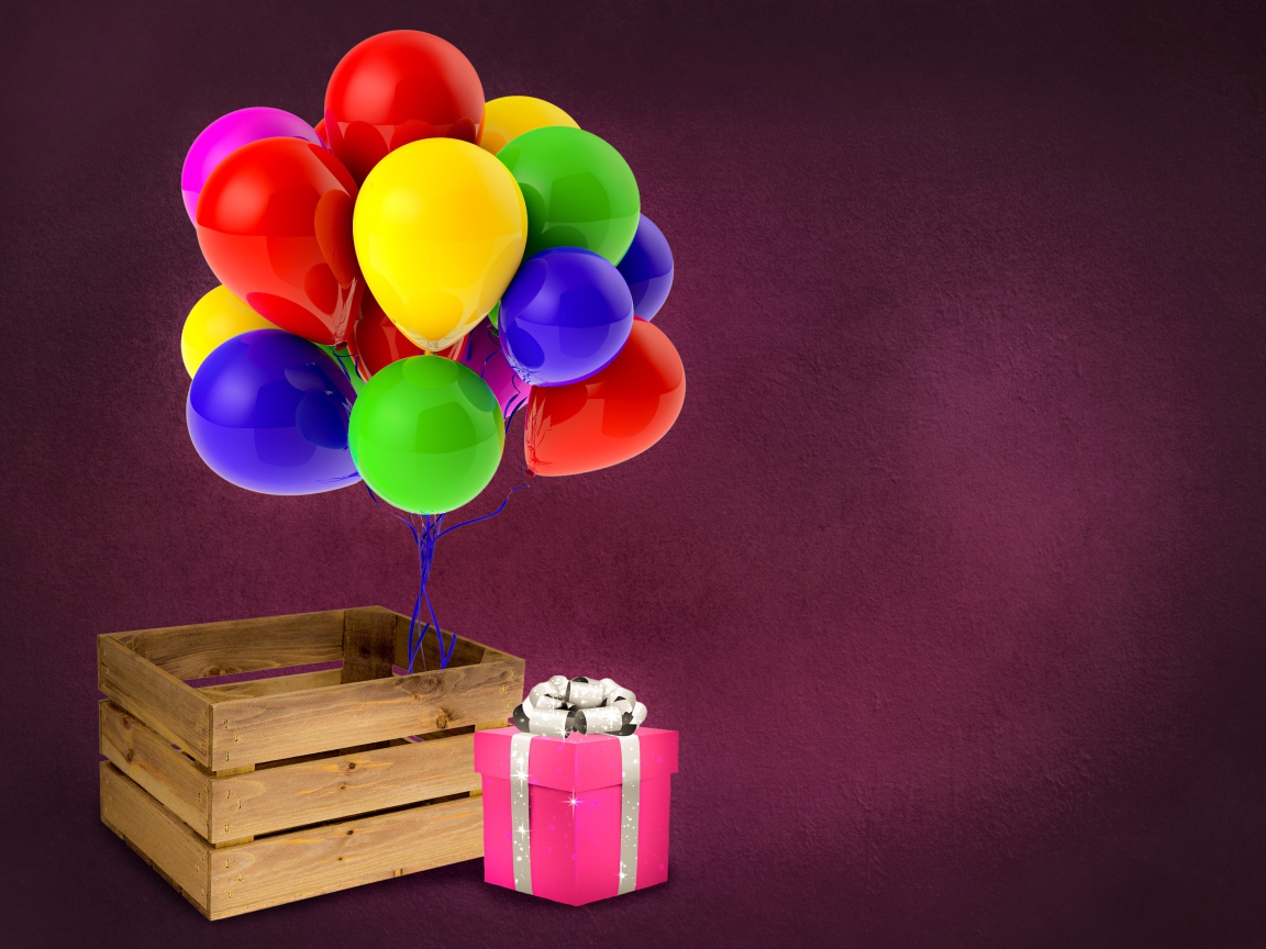 Деревянный ящик с подарком и шариками 