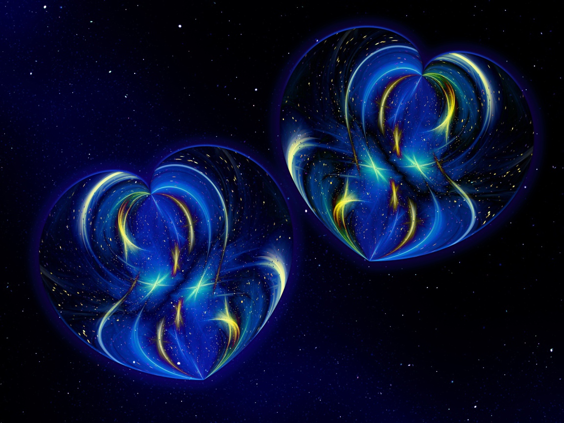 Два красивых неоновых сердца на синем фоне