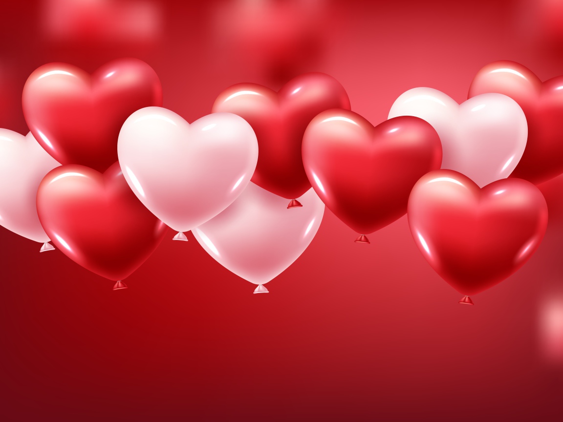 Белые и красные шарики в форме сердца на красном фоне