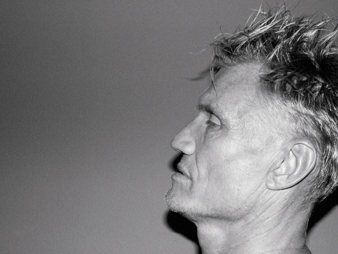 Лицо актера Дольфа Лундгрена боком на сером фоне