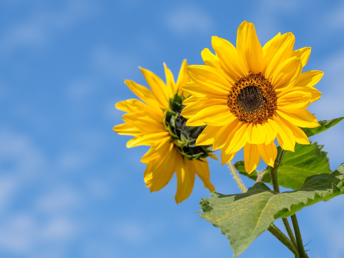 Два желтых цветка подсолнуха на фоне голубого неба