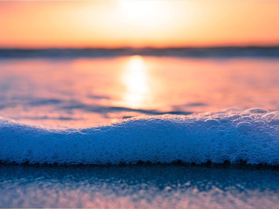 Белая морская пена с пузырям на закате