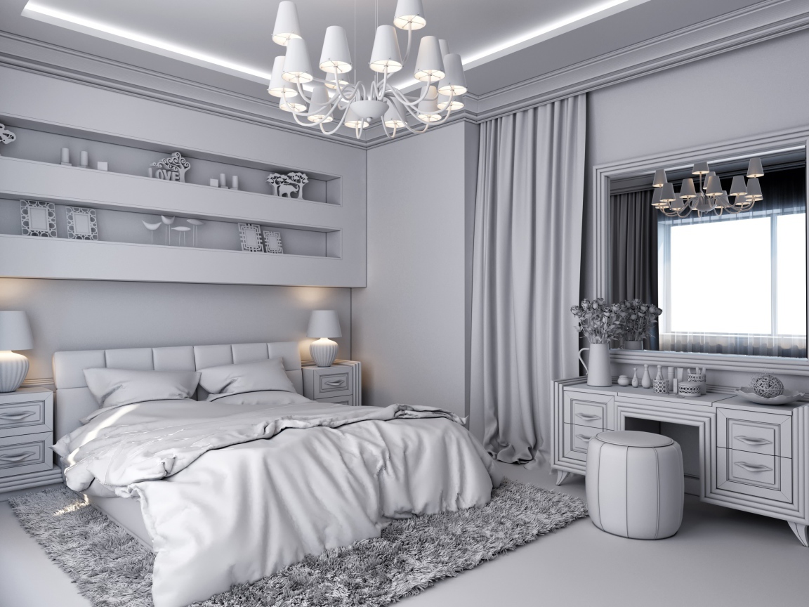 Серый интерьер спальной комнаты с большой люстрой 