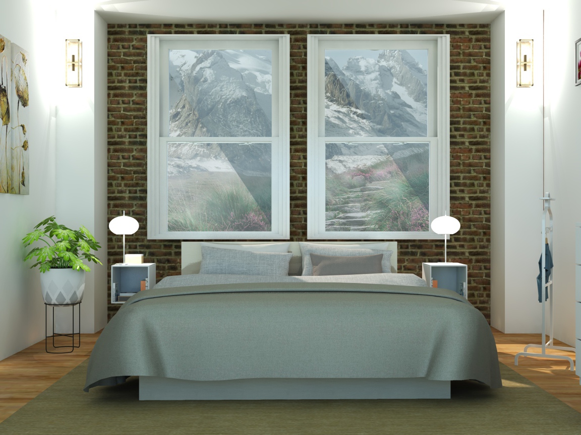 Большая кровать  в комнате с картинами на стенах 