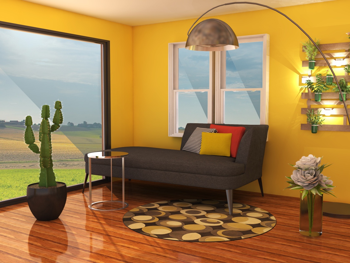 Гостиная комната с диваном, желтыми стенами и большим окном
