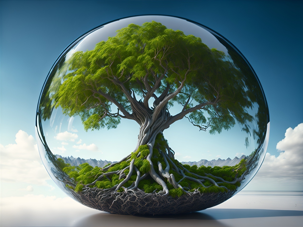 Зеленое дерево в капле воды на фоне неба