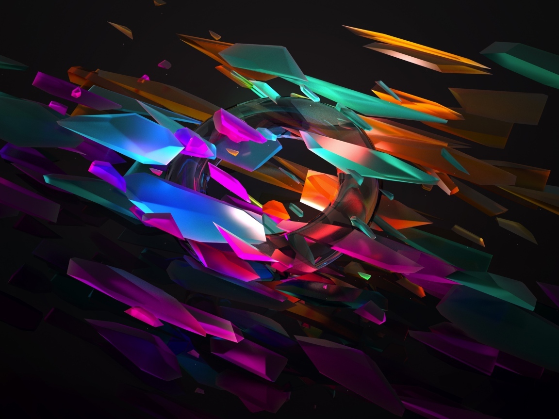 Разноцветные 3д осколки и круг на черном фоне