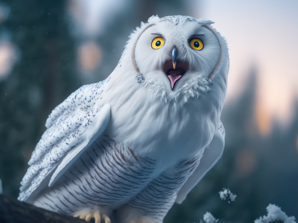 Большая белая сова с открытым клювом