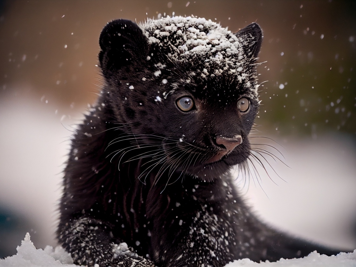 Маленький черный детеныш пантеры в снегу