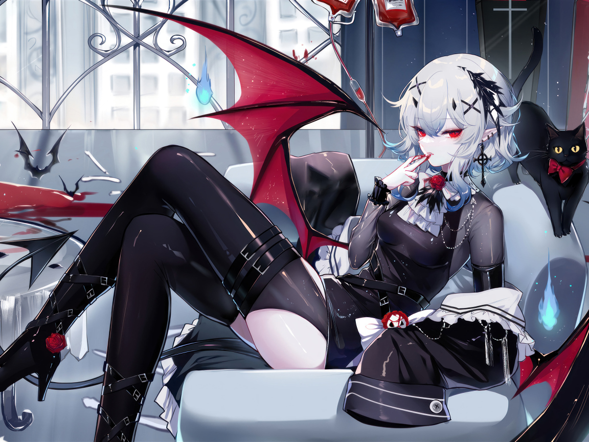 Девушка аниме демон с черным котом
