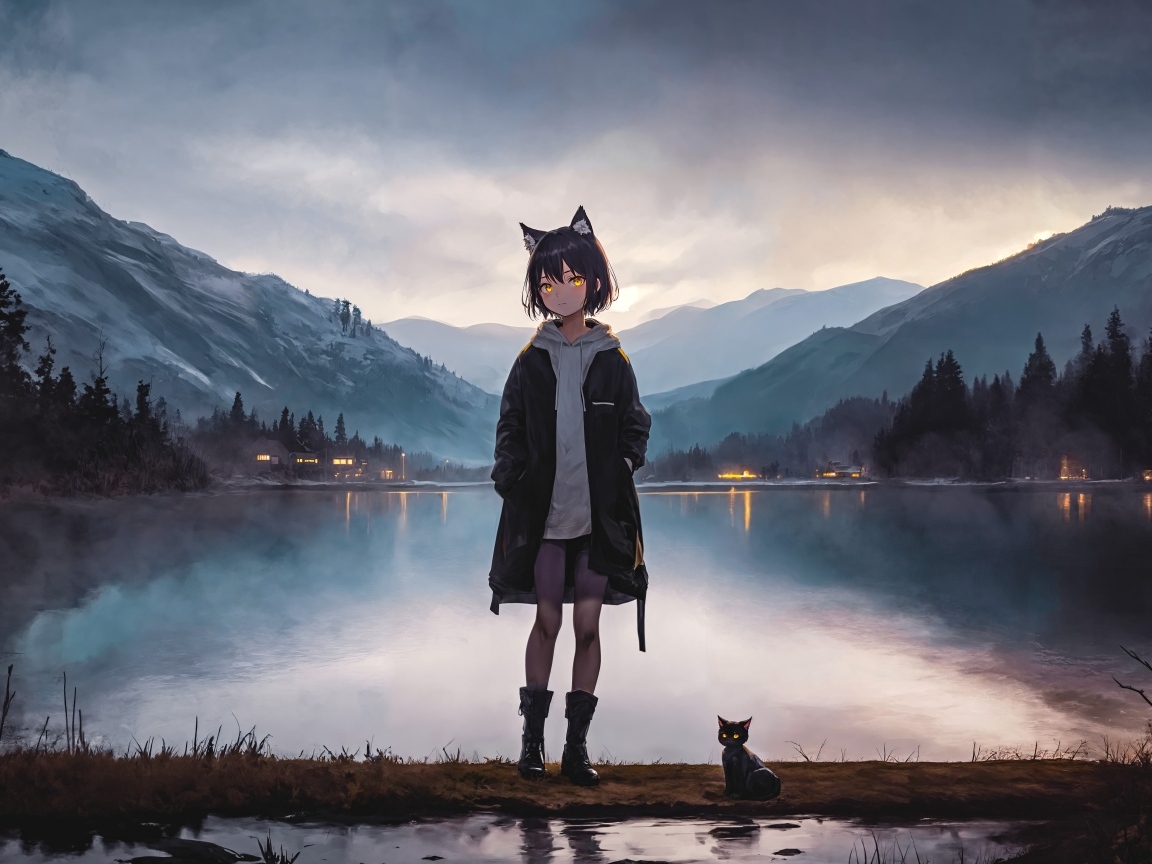 Девочка аниме у воды с котенком