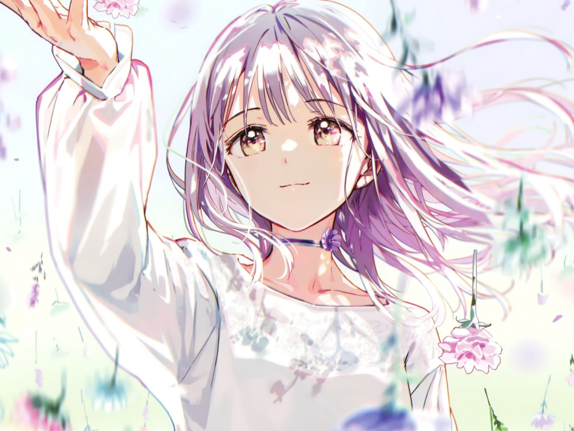 Девушка аниме ловит падающие цветы