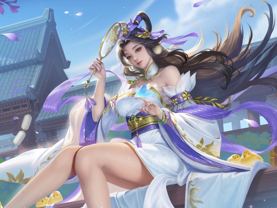 Девушка аниме в красивом платье с зеркалом