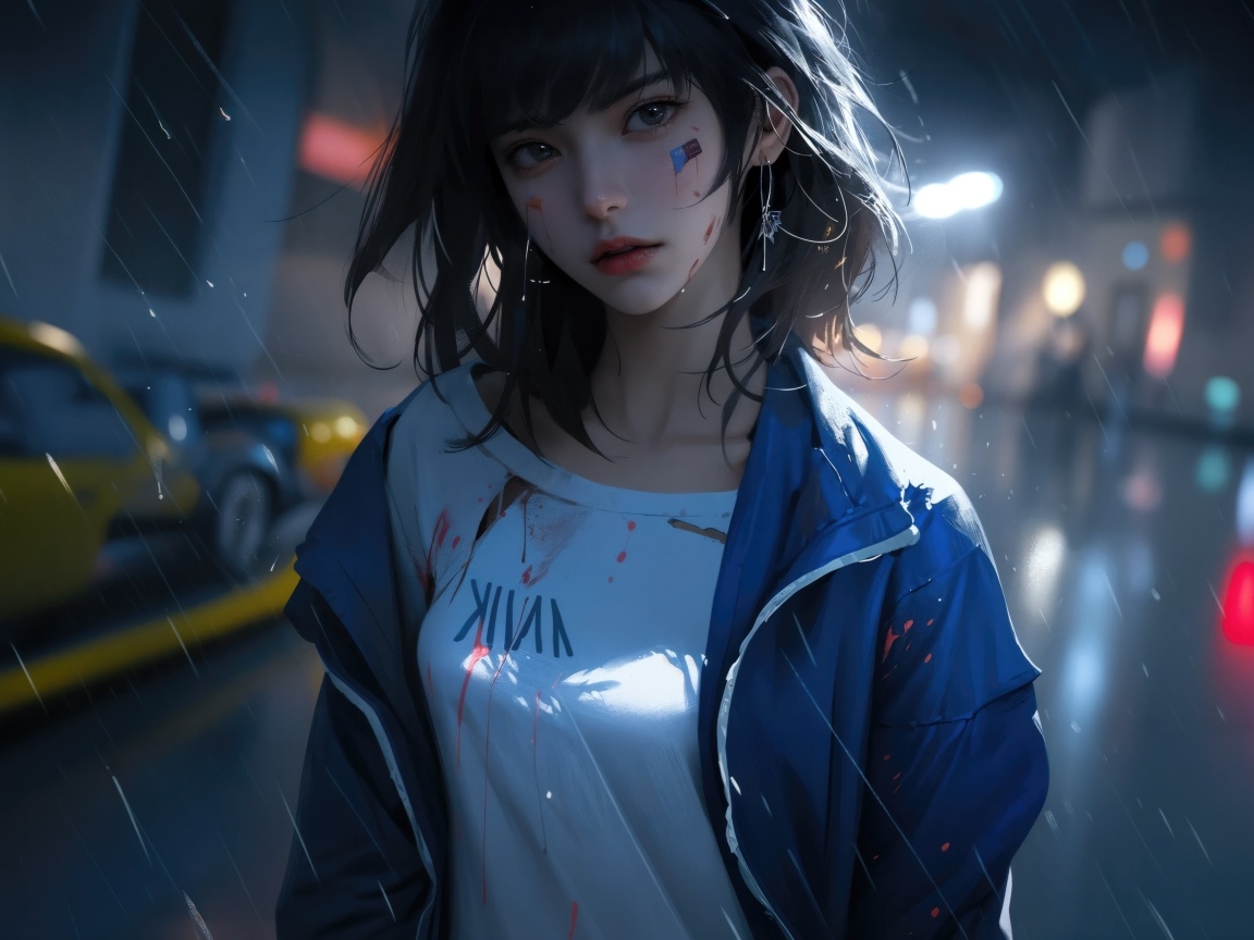 Девушка аниме в синей куртке