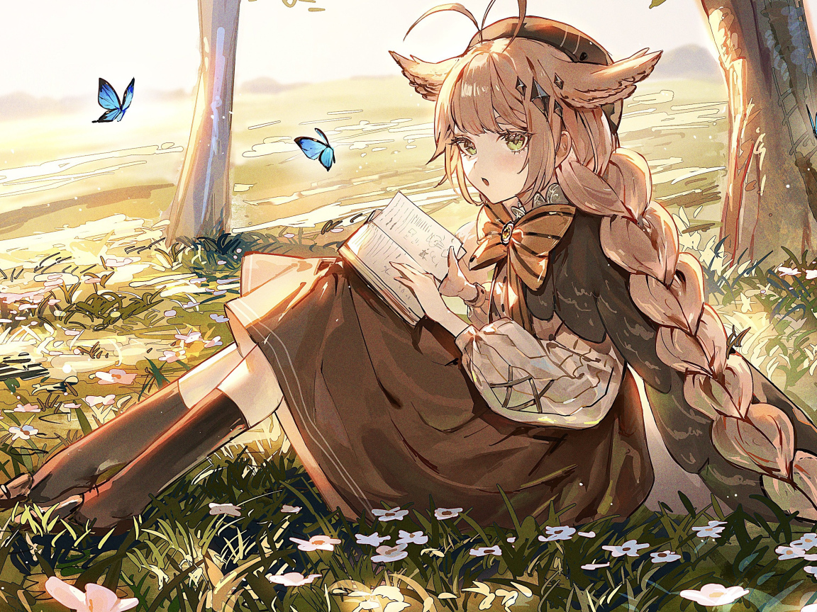 Девушка аниме читает книгу под деревом