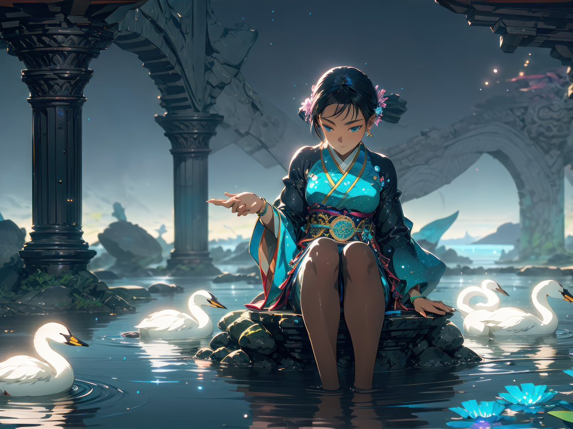 Девушка аниме сидит в пруду с лебедями