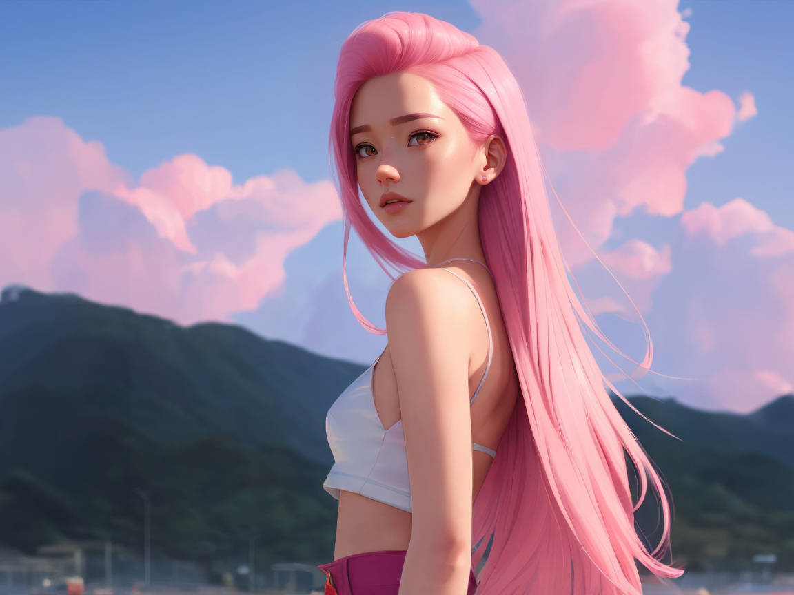 Девушка аниме с длинными розовыми волосами