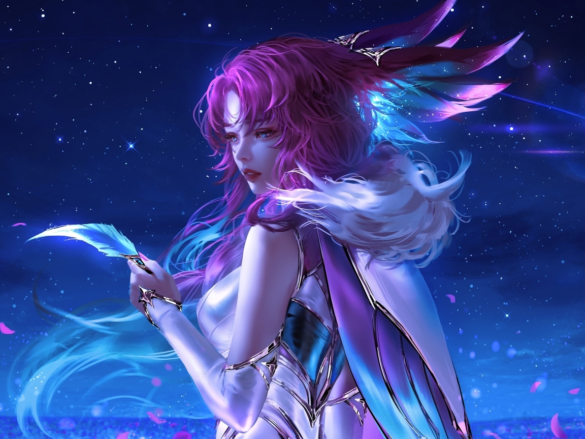 Девушка аниме с розовыми волосами с пером в руке