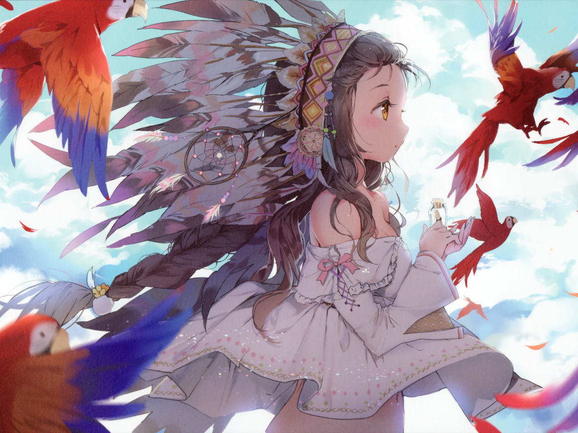Девушка аниме с красными попугаями