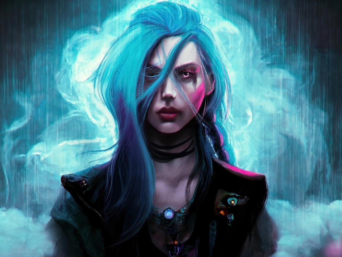 Девушка с голубыми волосами в дыму