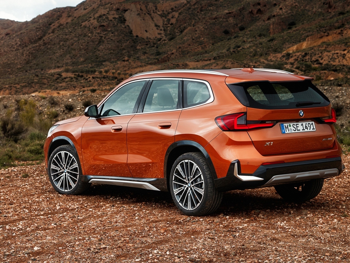Красный автомобиль BMW X1  вид сзади
