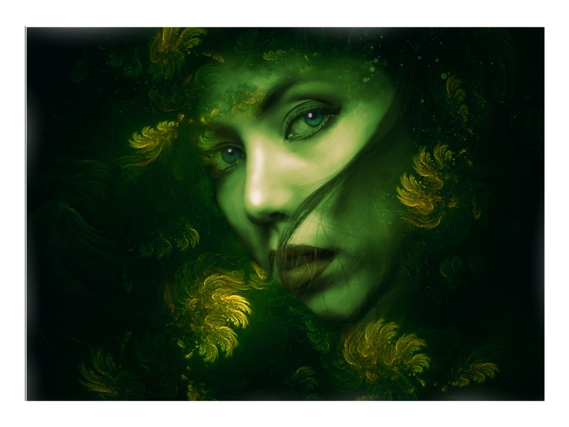 Нарисованная красивая девушка на зеленом фоне