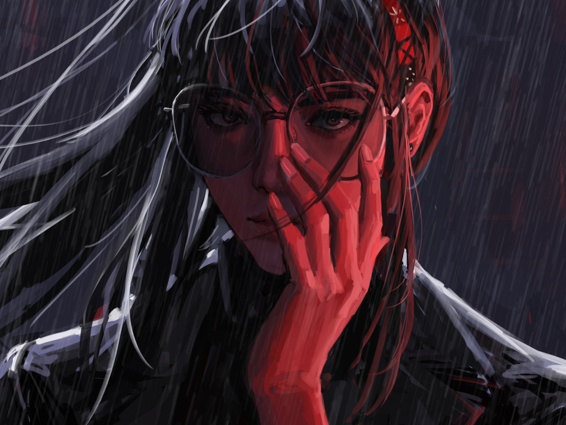 Нарисованная девушка в очках под дождем