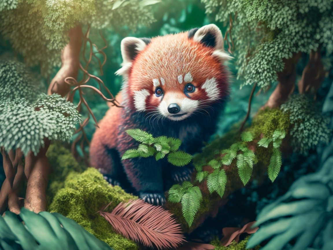 Нарисованная красная панда на ветке дерева