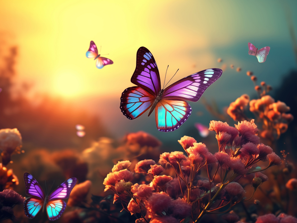Красивые фантастические бабочки летают над цветами