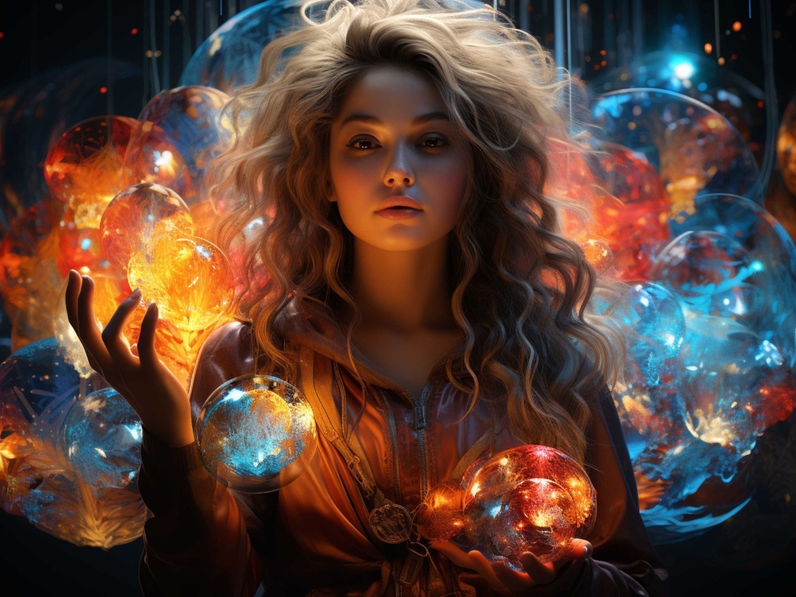 Красивая девушка с фантастическими светящимися шарами