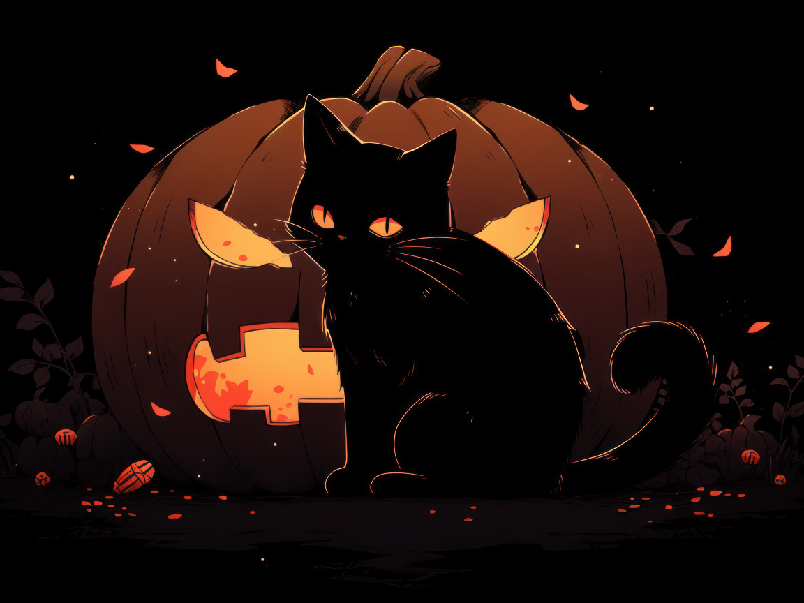 Черный котенок на фоне фонаря из тыквы
