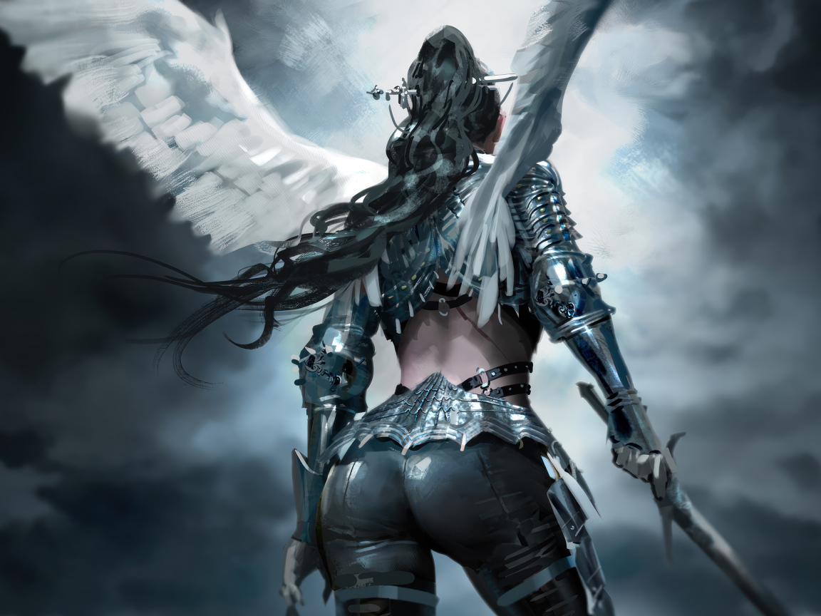 Фантастическая девушка ангел с оружием