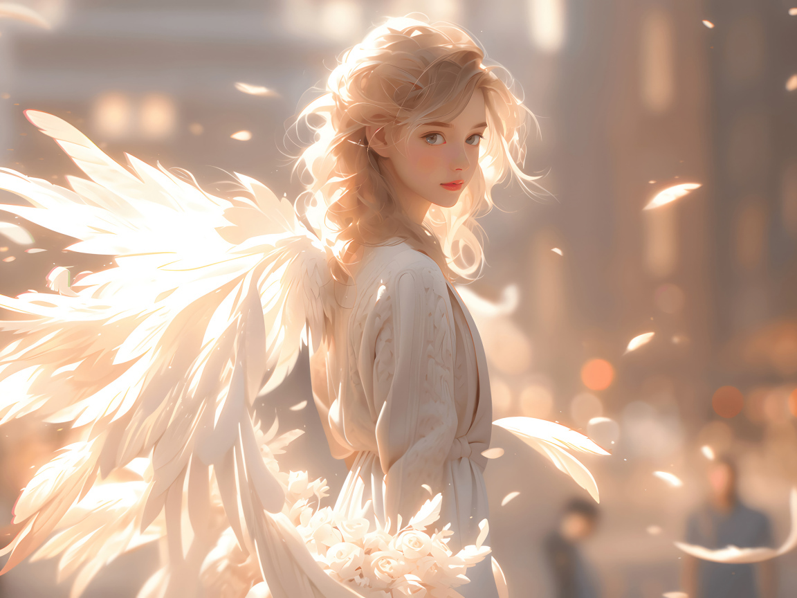 Фантастическая девушка ангел с белыми крыльями