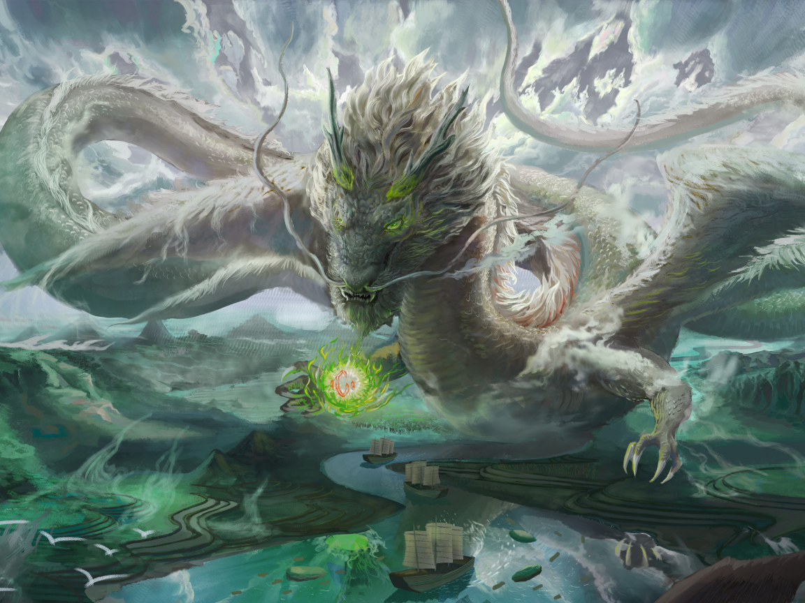 Фантастический дракон над рекой