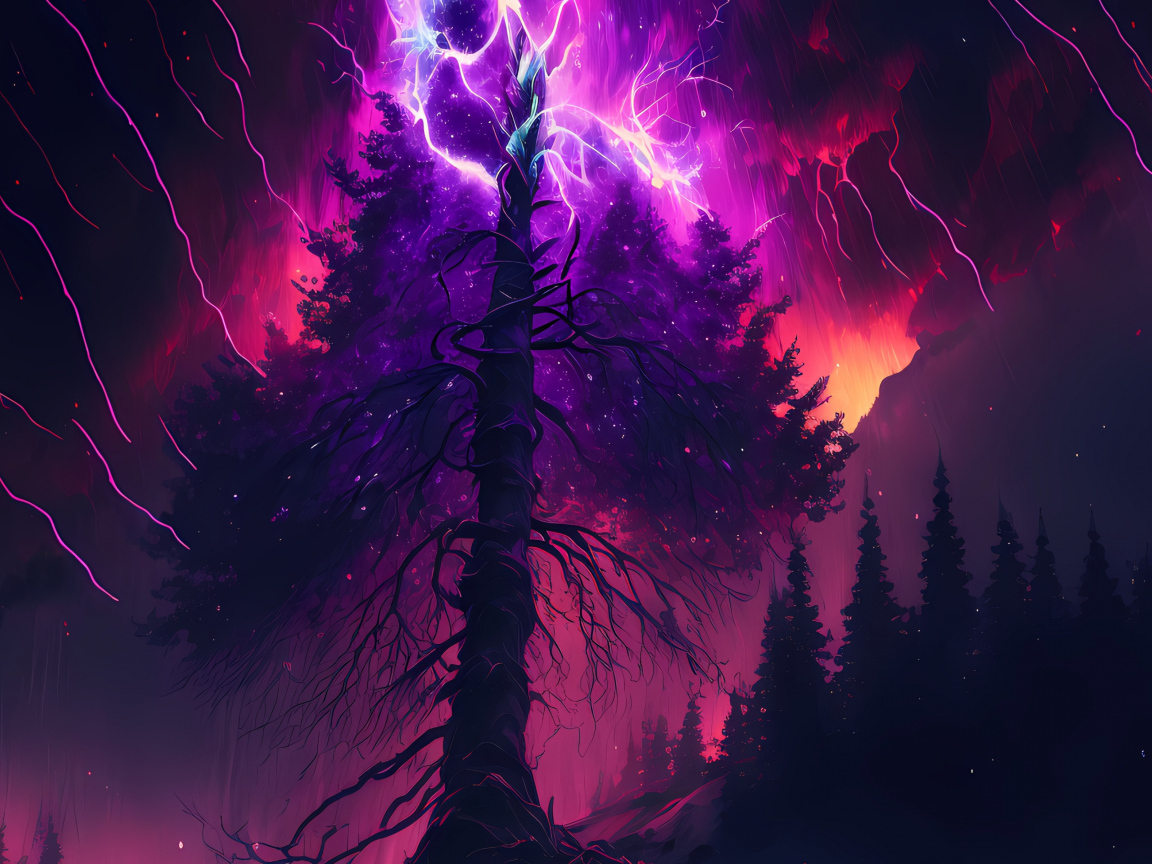 Молния разрывается над старым деревом