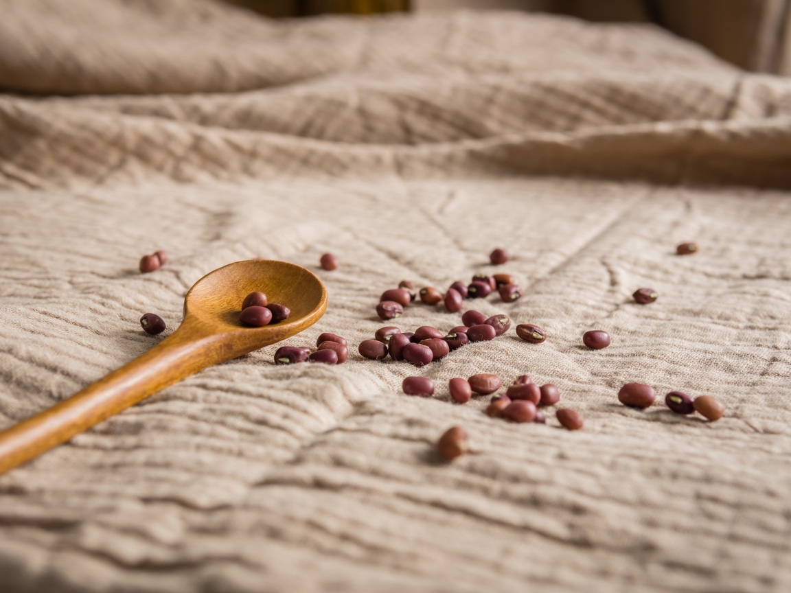 Деревянная ложка на скатерти с фасолью 