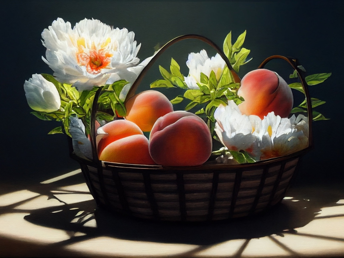 Спелые сладкие персики в корзине с цветами
