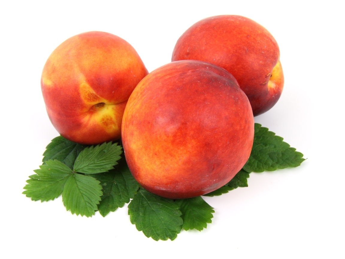 Три спелых персика с листьями на белом фоне