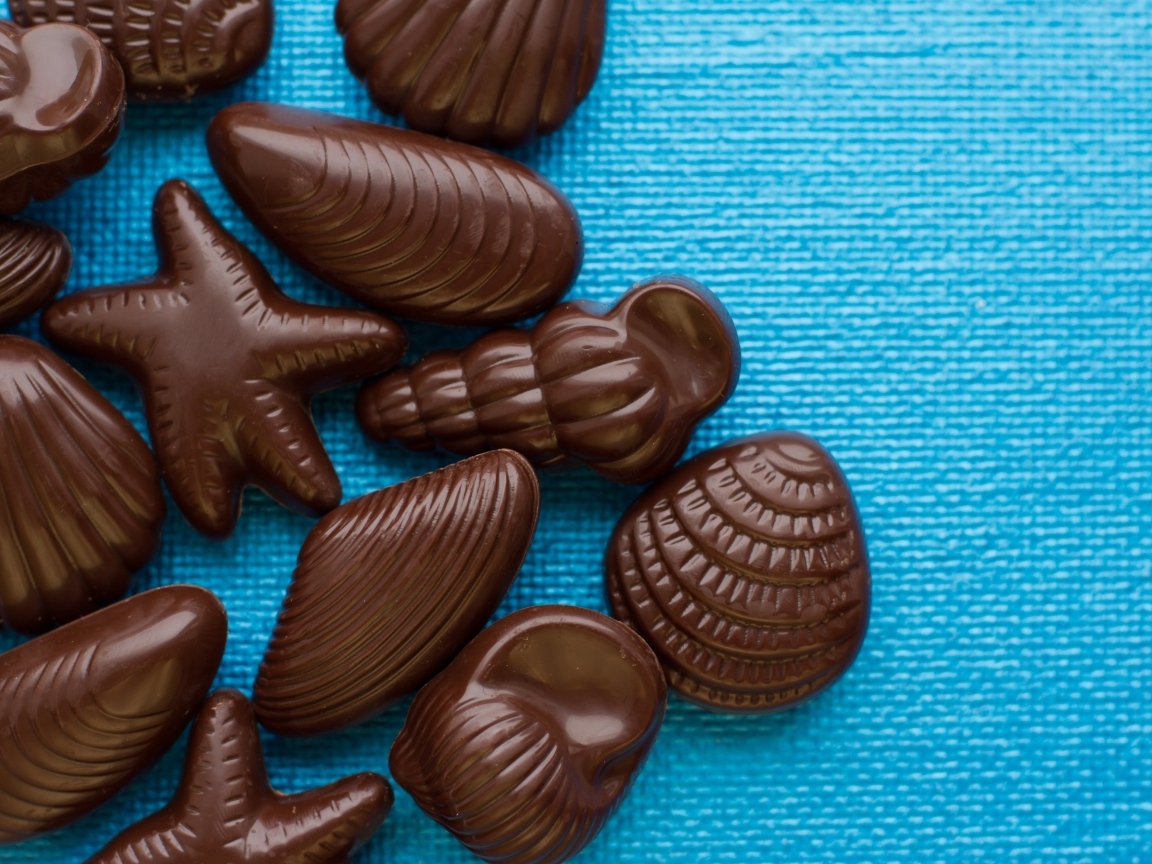 Шоколадные конфеты в форме ракушек на голубом фоне