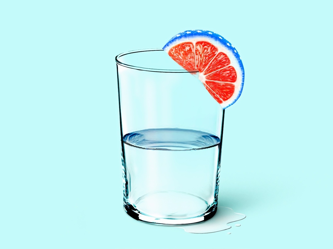 Стакан воды с кусочком апельсина на голубом фоне