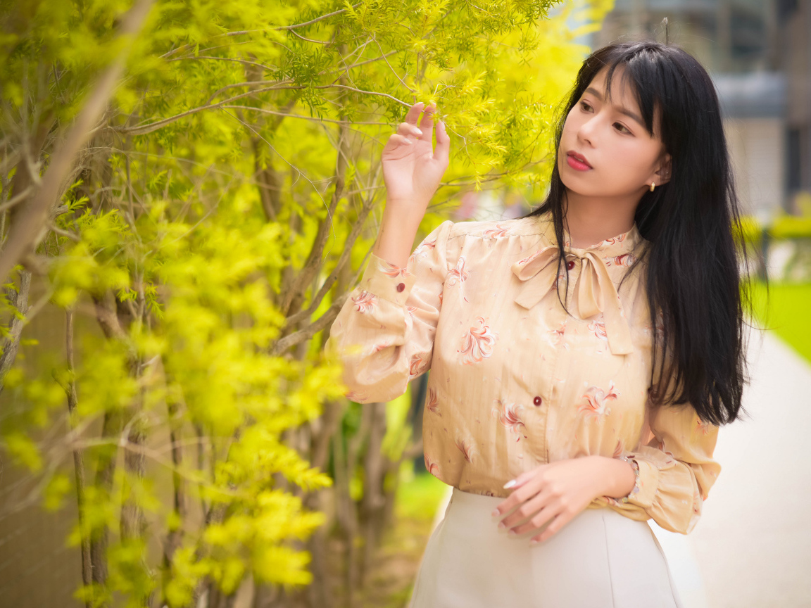 Молодая девушка азиатка стоит у дерева с зелеными листьями