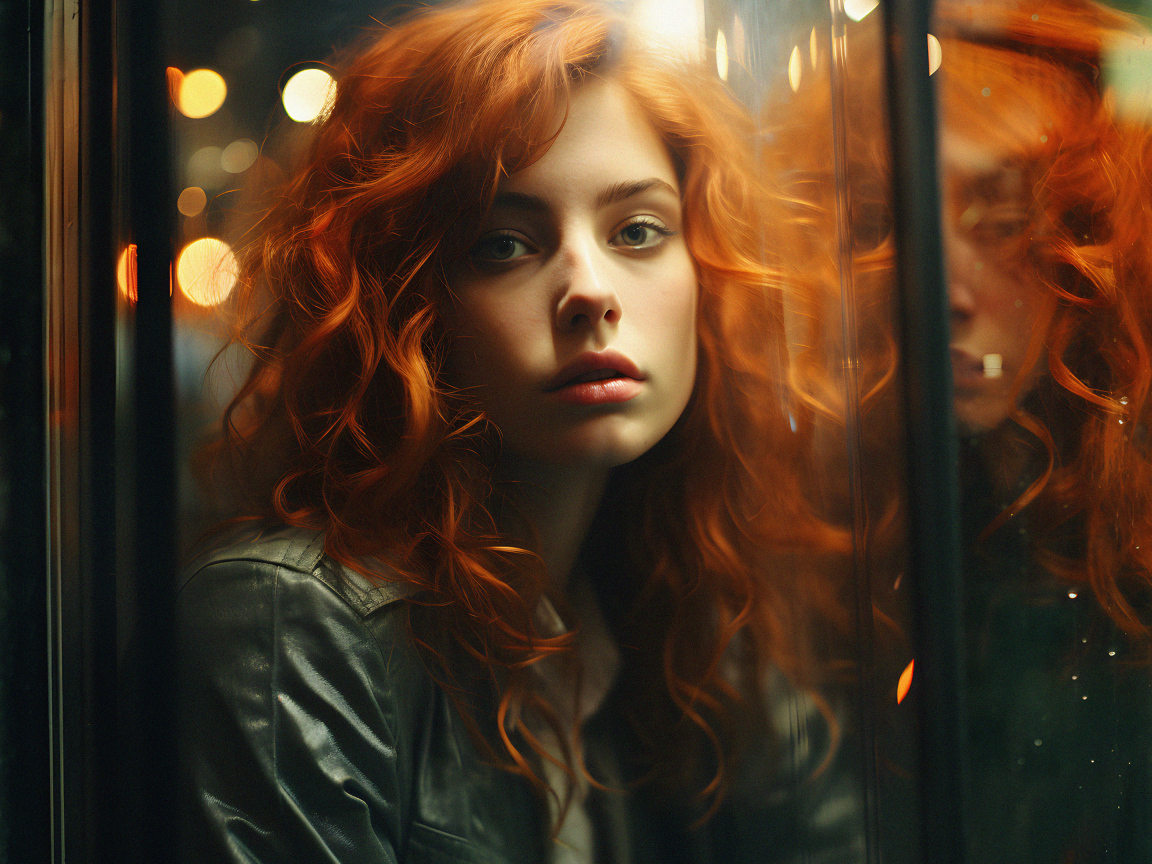 Красивая рыжеволосая девушка отражается в окне