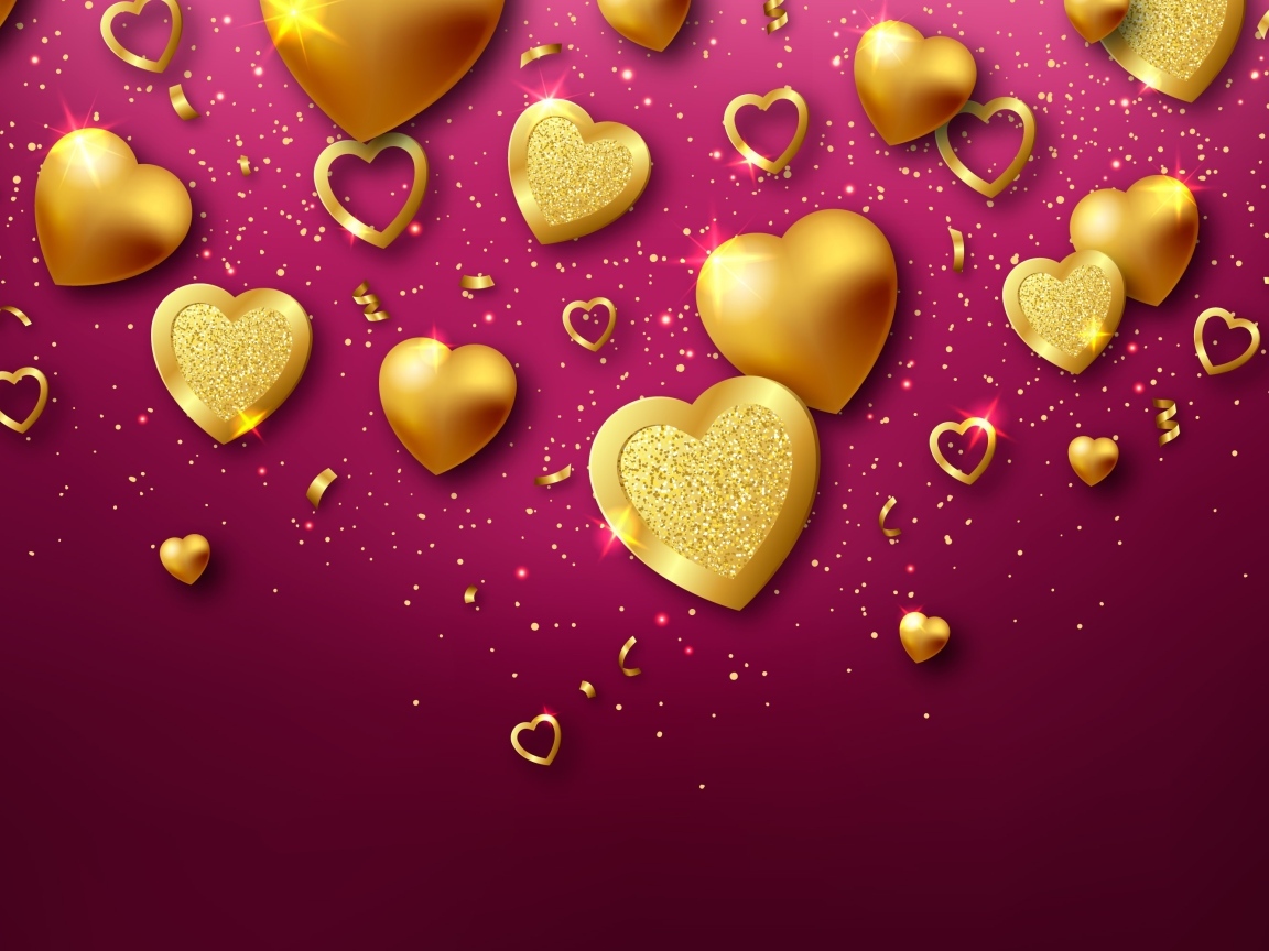 Золотые сердечки на красном фоне