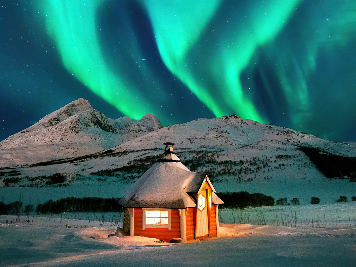 Зеленое полярное сияние над домом в заснеженных  горах