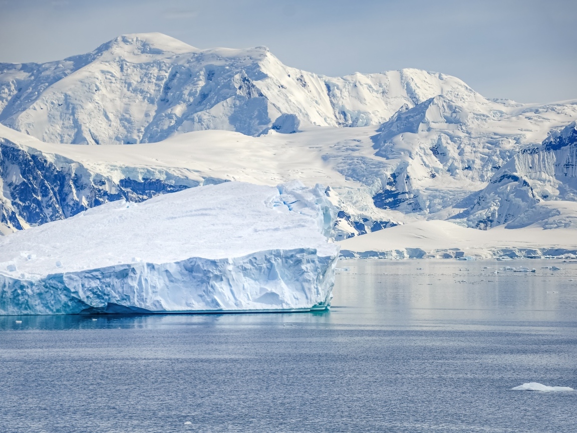 Большой айсберг у берега с заснеженными горами