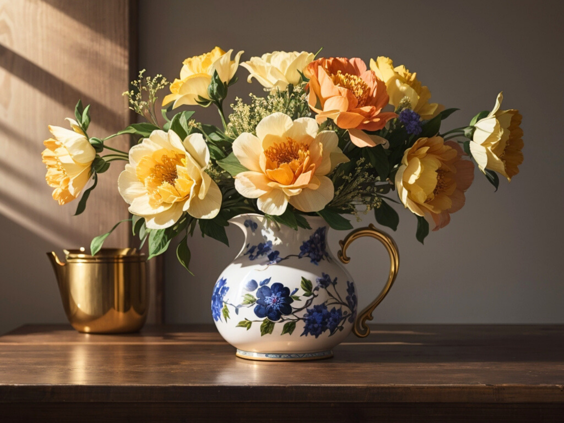 Букет красивых оранжевых цветов в кувшине на столе