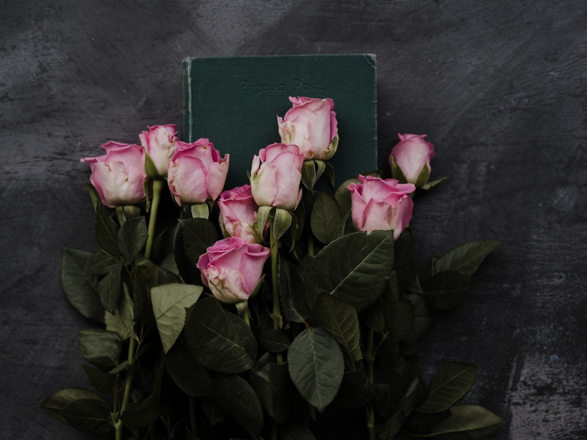 Букет розовых роз с книгой на сером столе